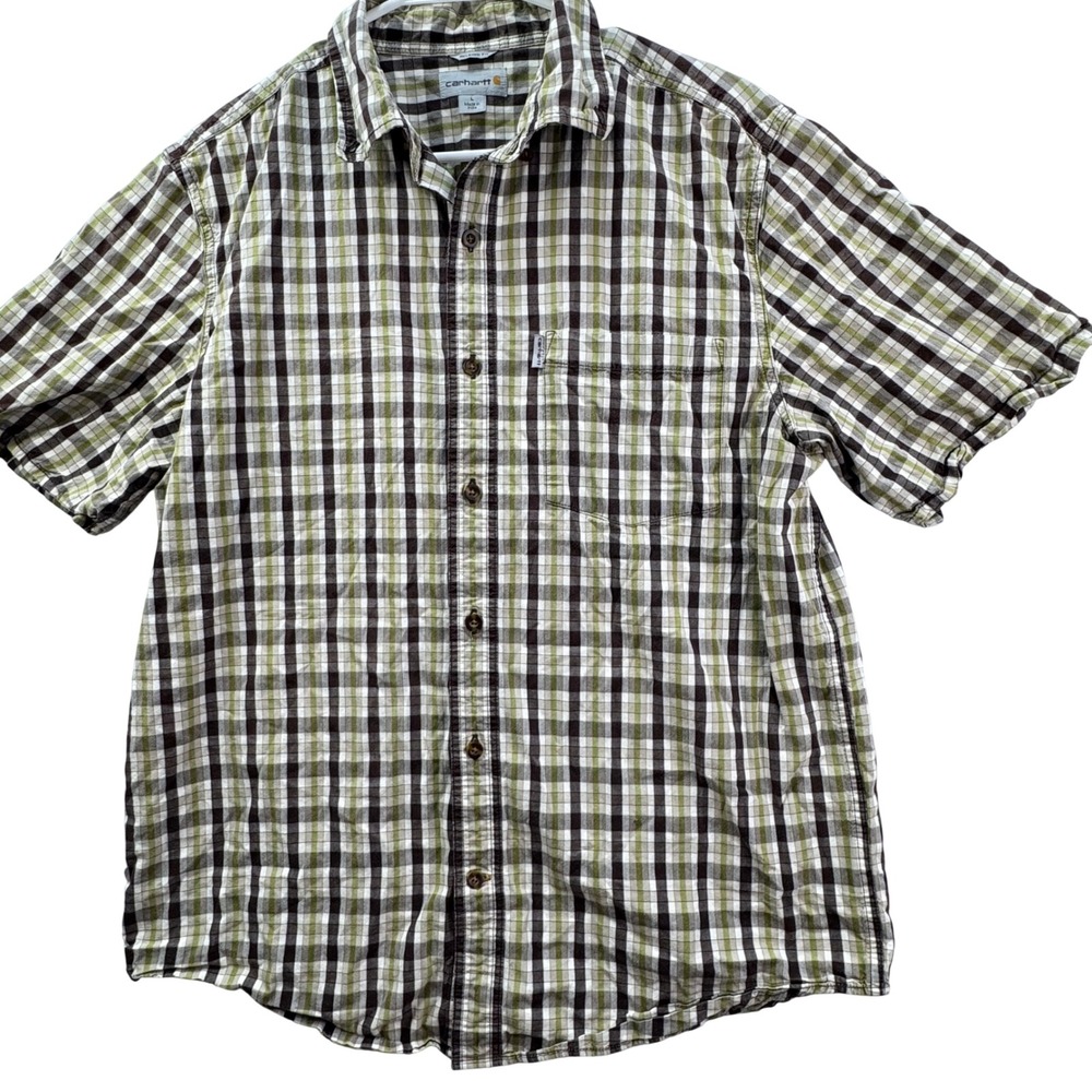 Carhartt Button Front Shirt Mens L Brown Green Plaid Relaxed Fit Workwear Gorp